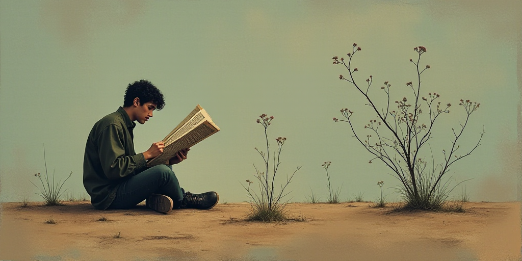 a person sitting on the ground reading a newspaper with a plant in the middle of the image and the w