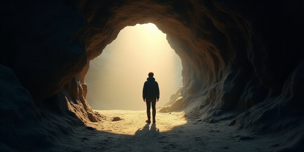 a person standing in a cave with a bright light coming from the ceiling of it's cave entrance, Carol