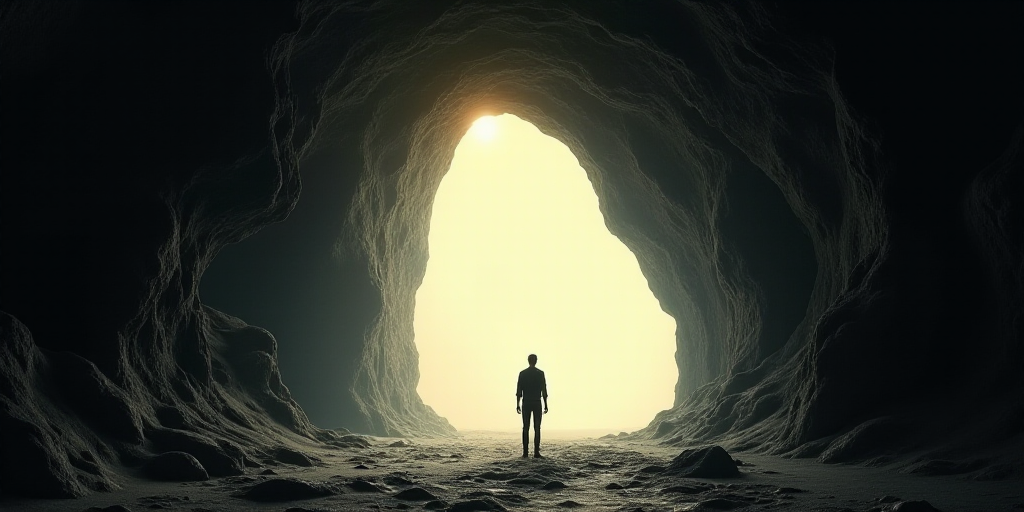 a person standing in a cave with a bright light coming from the ceiling of it's cave entrance, Carol