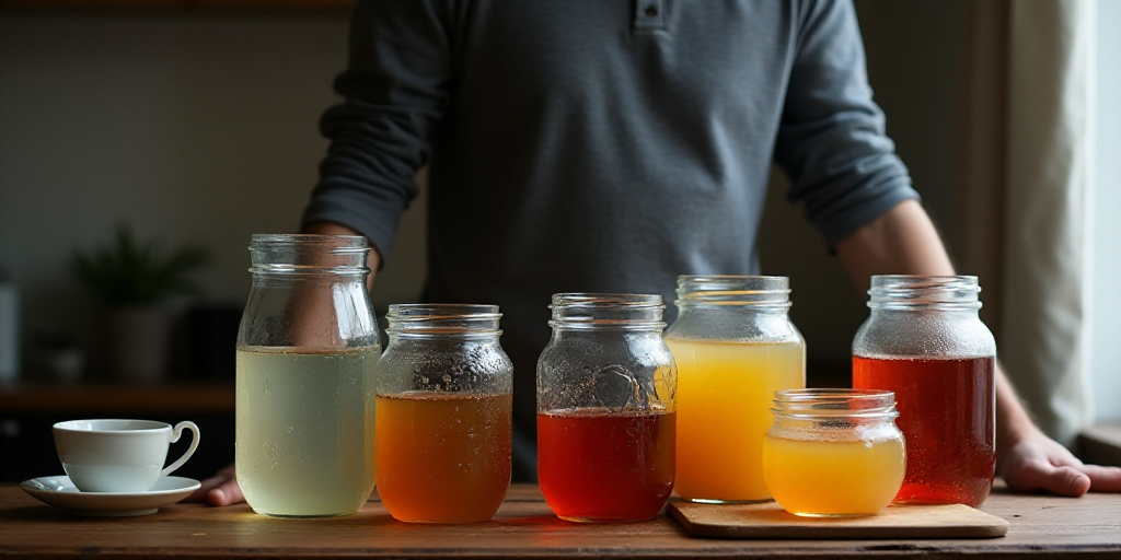 a person standing next to a table with jars of drinks on it and a pitcher of water and a cup of tea,