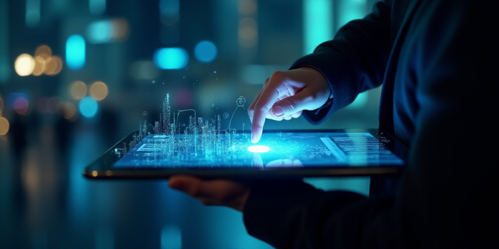 a person touching a tablet with a futuristic background around it and a hand touching the screen wit