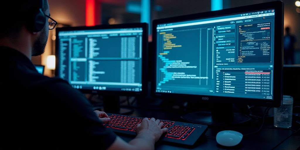 a person typing on a keyboard in front of two monitors with screens behind them that are displaying