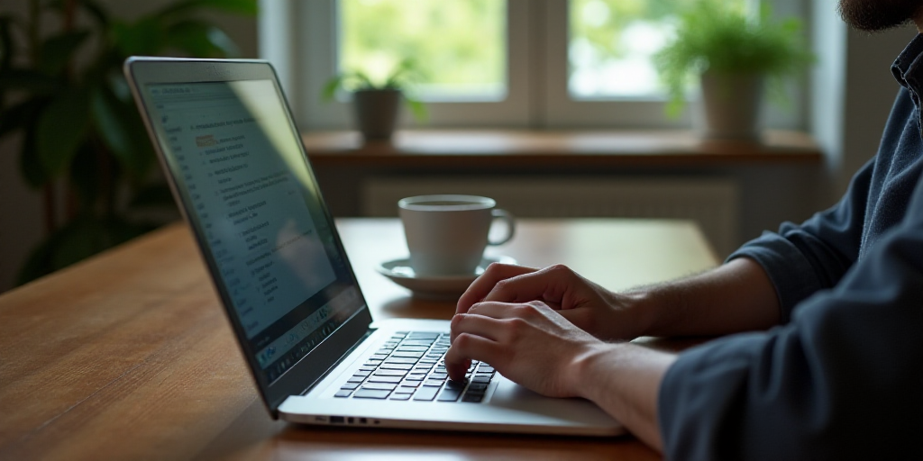 a person typing on a laptop computer on a wooden table with a cup of coffee and a plant in the backg