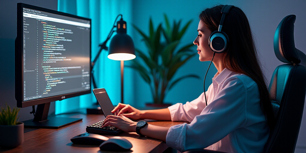 a person wearing headphones and using a computer keyboard with a headset on top of it, with a mouse