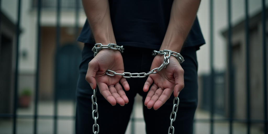 a person with their hands in chains on their hands, standing in front of a building with a gate, And