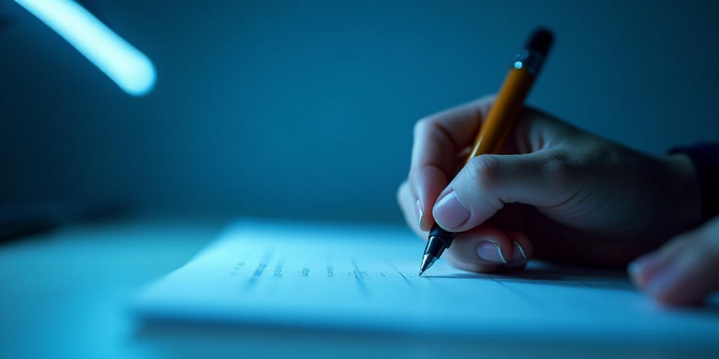 a person writing on a piece of paper with a pen in it and a blue background with a line of light, Ed