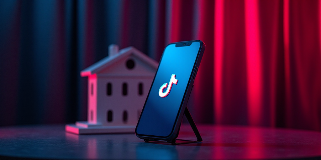 a phone and a tiktok logo on a stage with a curtain behind it and a white house sign, Felix-Kelly, e