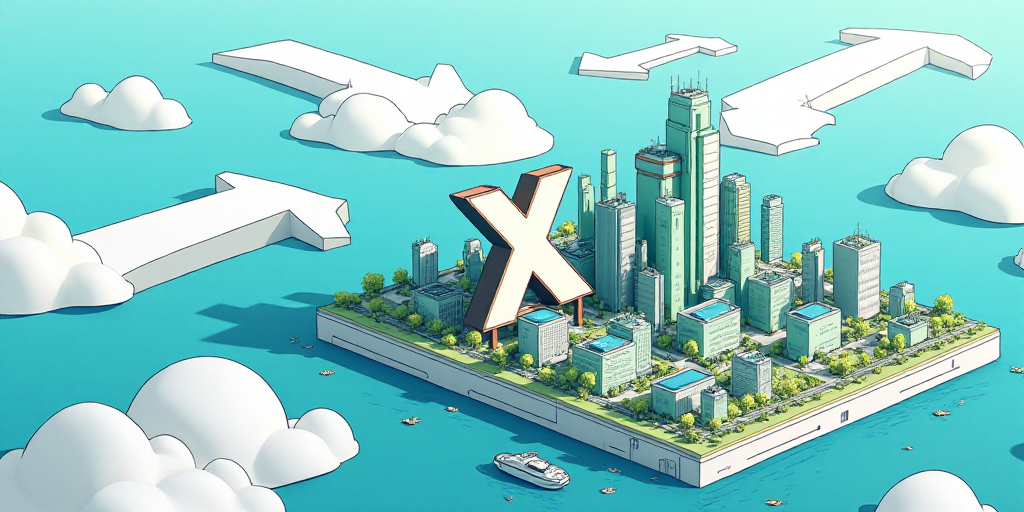 a picture of a city with a green x logo on it and a blue and white background with arrows, Dai Xi, r