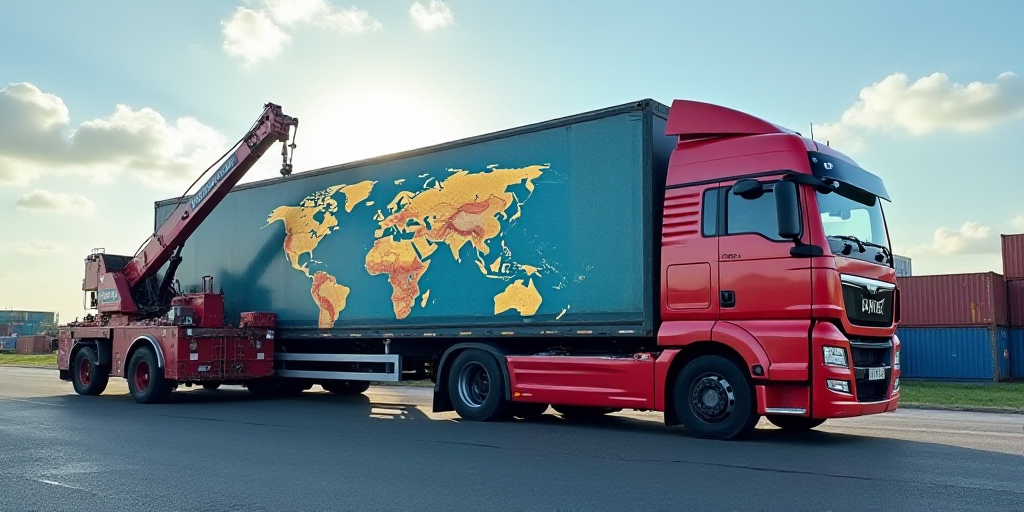a picture of a truck and a crane with a world map on it and shipping containers in the background, A