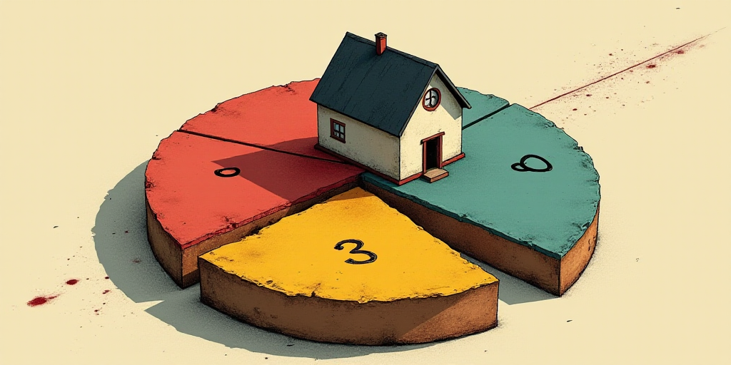 a pie chart with a house in the center and numbers of people in the pie on it, and a line of numbers