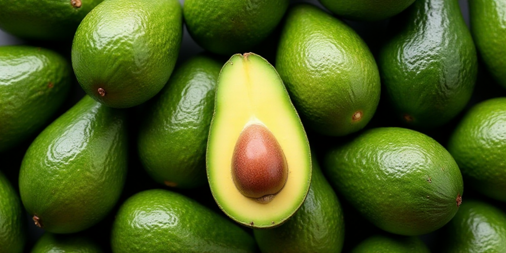 a pile of avocados with one cut in half and one whole in the middle of the pile, Aya Goda, olive ski