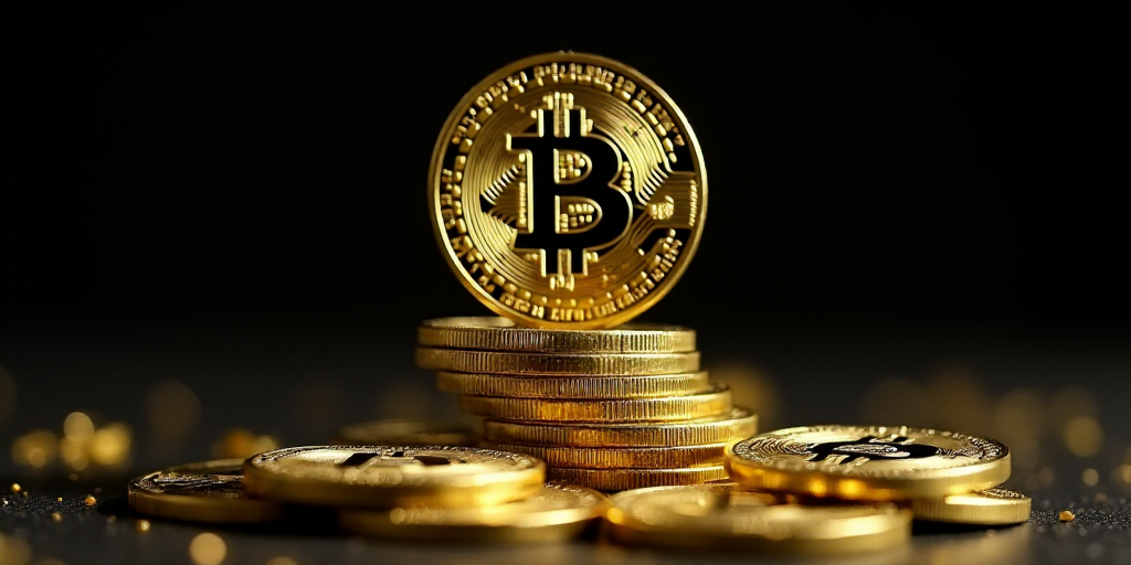 a pile of bitcoins sitting on top of each other in front of a black background with a bitcoin symbol