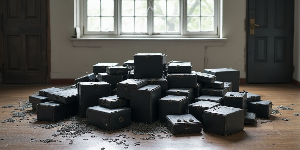 a pile of black and white boxes on the floor in a room with a window and a door in the background, C