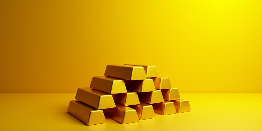 a pile of gold bars sitting on top of each other on a table with a yellow background and a gold bar