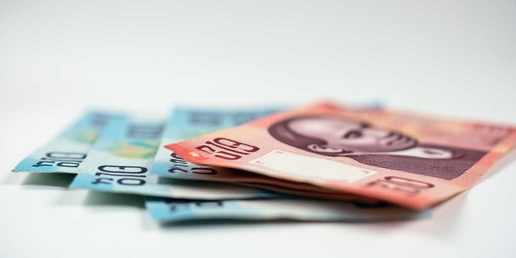 a pile of mexican currency sitting on top of each other on a table top with a white background and a