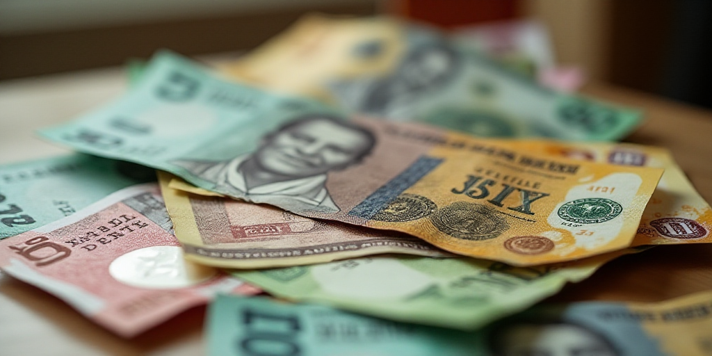 a pile of mexican currency with a lot of money in the background with a lot of mexican currency in t