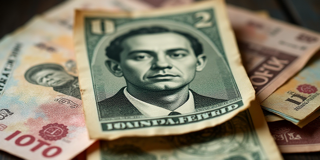 a pile of mexican currency with a man's face on top of it and a few bills in the background, David A
