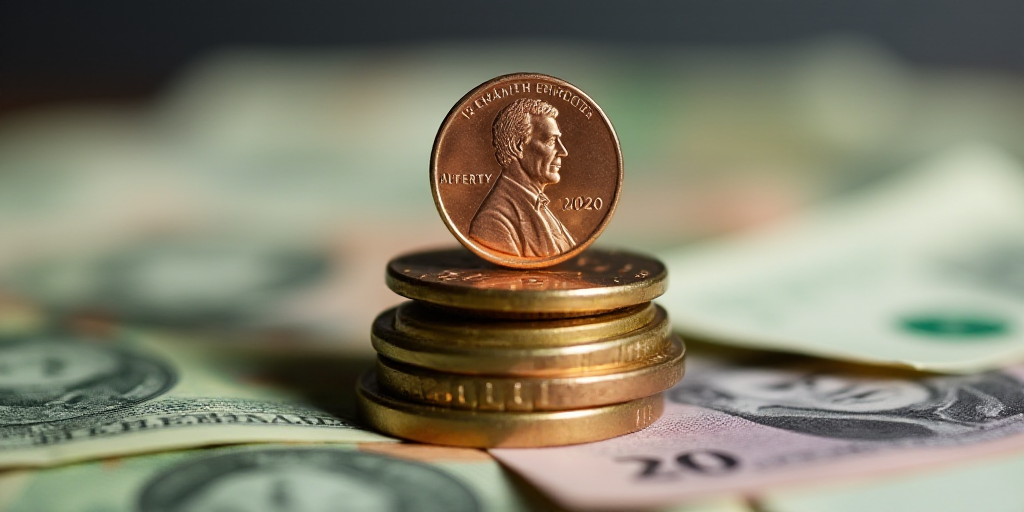 a pile of money with a penny on top of it and a coin on the bottom of the pile, Avgust Černigoj, ma