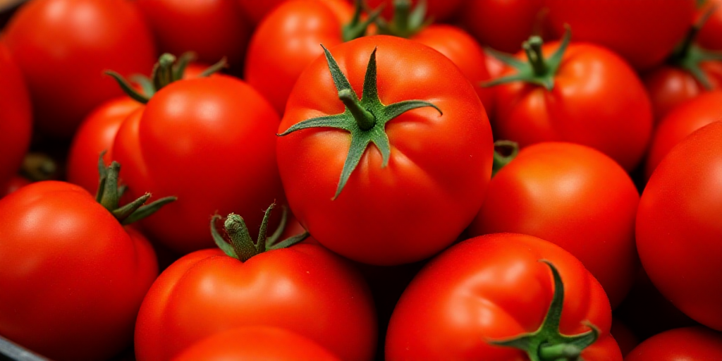 a pile of red tomatoes with green stems on them, all piled together, in a pile, with a green stem on