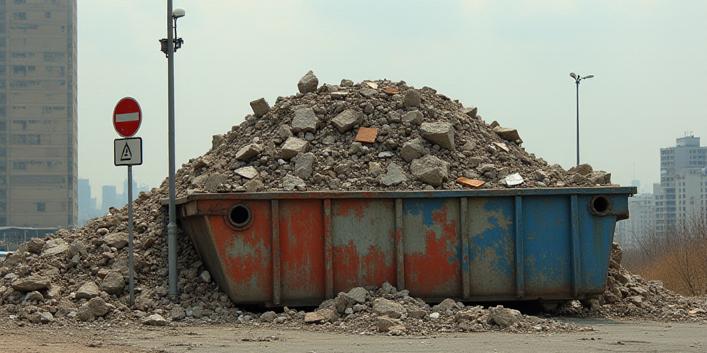 a pile of rubble sitting on top of a dumpster next to a street light and a building in the backgroun