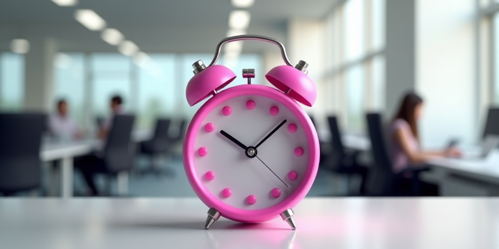 a pink alarm clock sitting on top of a table in an office building with desk chairs and desks, Évar