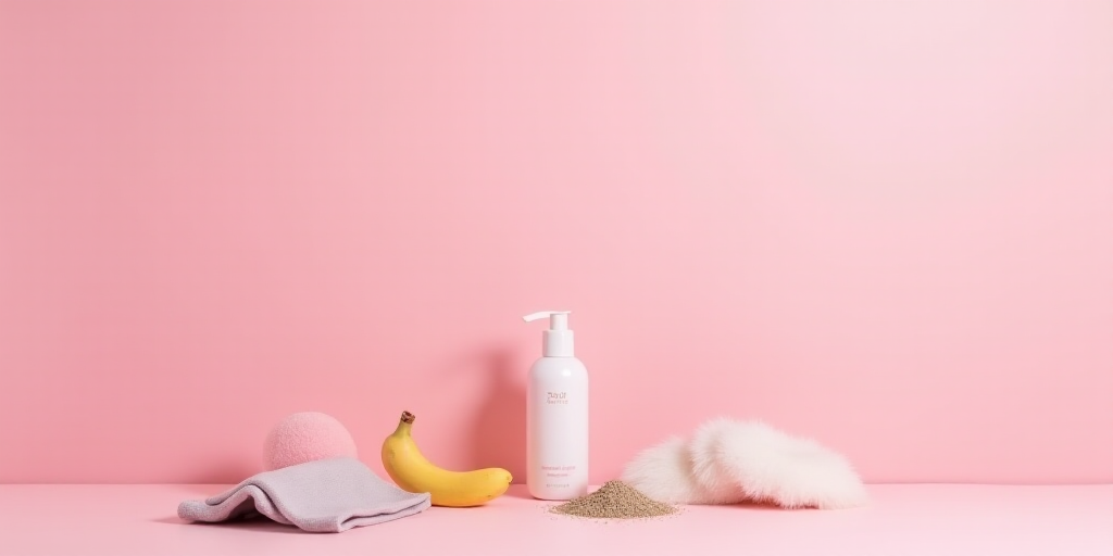 a pink table with various items and a bottle of lotion on it and a pink background with a white bord