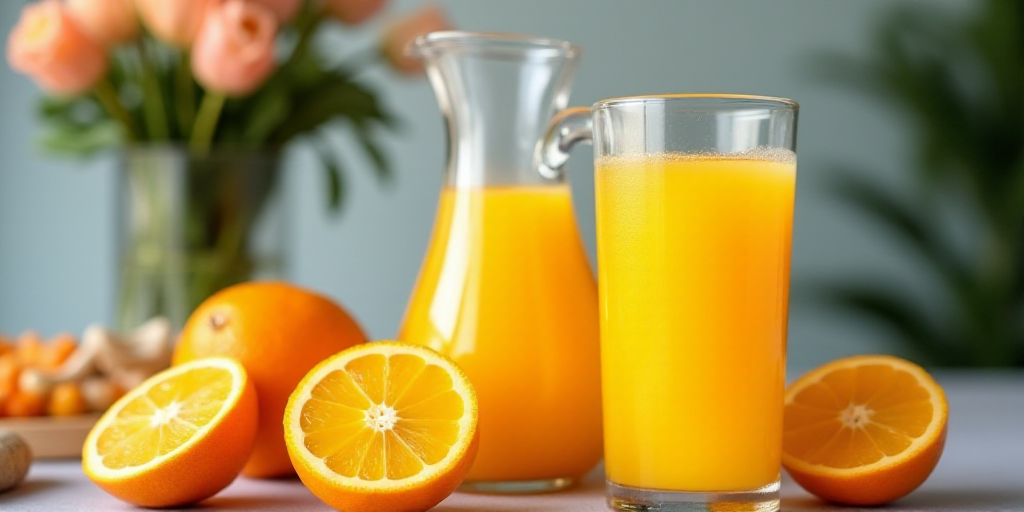 a pitcher of orange juice next to a glass of orange juice and sliced oranges on a table with flowers