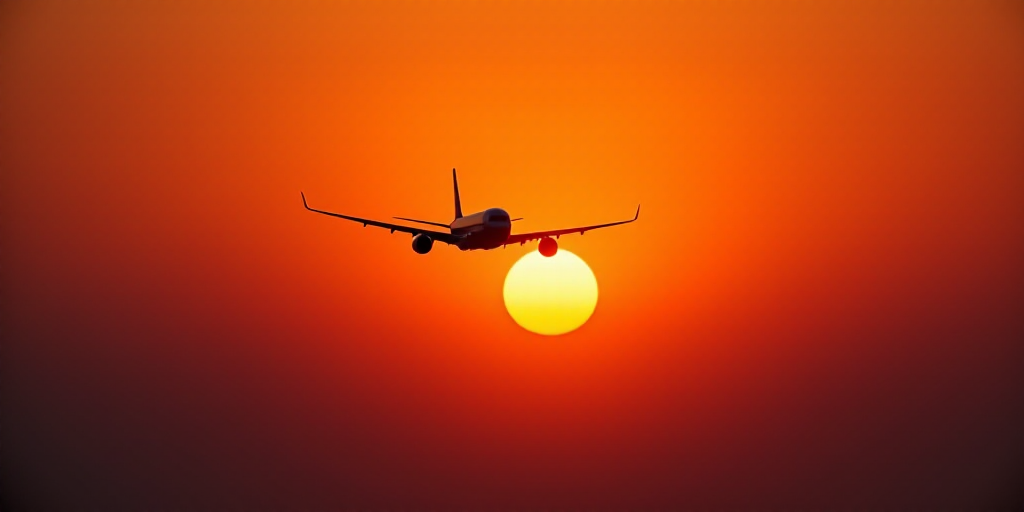 a plane flying in the sky with the sun in the background and a red sky behind it with a plane in the