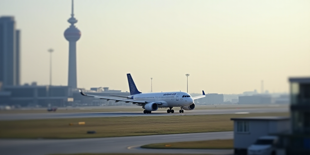 a plane is on the runway of an airport with a tower in the background and a building in the foregrou