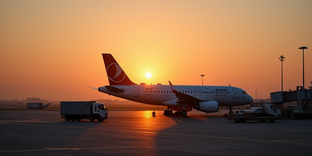 a plane is parked at an airport with a truck and other vehicles around it and a plane is parked on t