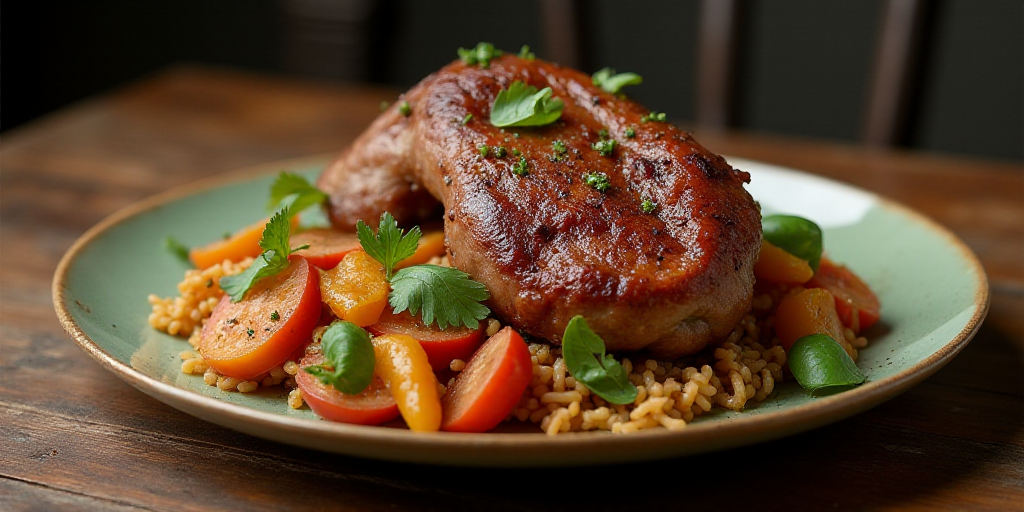 a plate of food with a large piece of meat and vegetables on it, on a wooden table top, Carpoforo Te