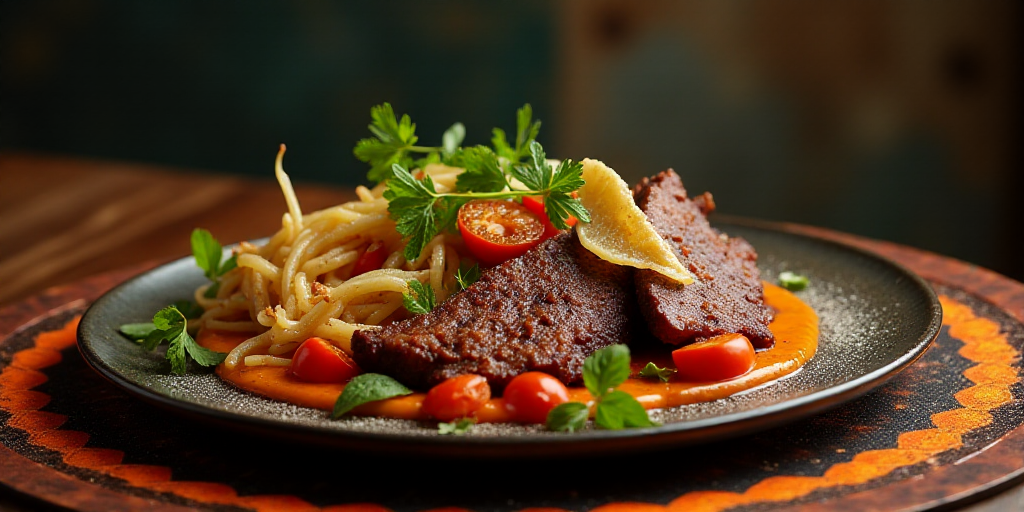 a plate of food with meat and vegetables on it on a table top with a black and orange border, Boucht