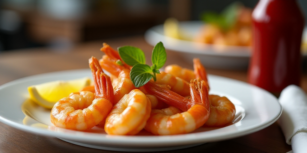a plate of food with shrimp and a lemon wedge on it at a restaurant table with a bottle of ketchup,