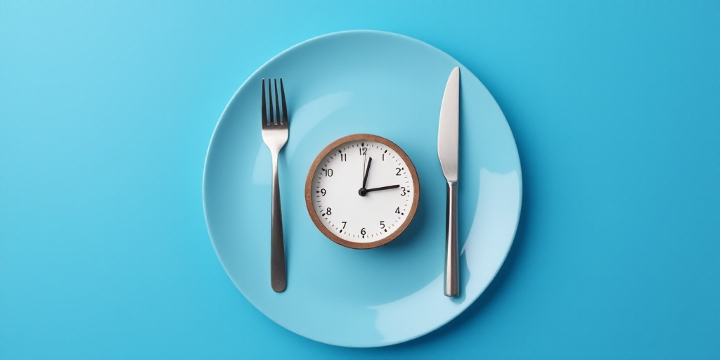 a plate with a clock on it and a fork and knife on it with a blue background with a blue background,