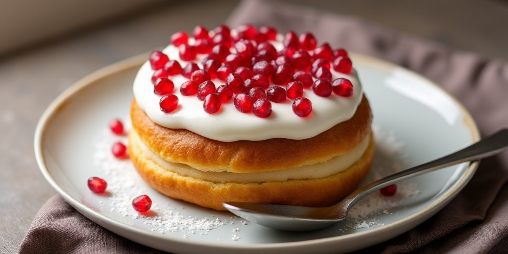 a plate with a pastry covered in white frosting and pomegranates on it, with a spoon, Ceferí Olivé