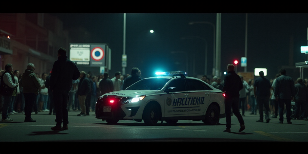 a police car with a person standing next to it at night time with a crowd of people watching it, Est