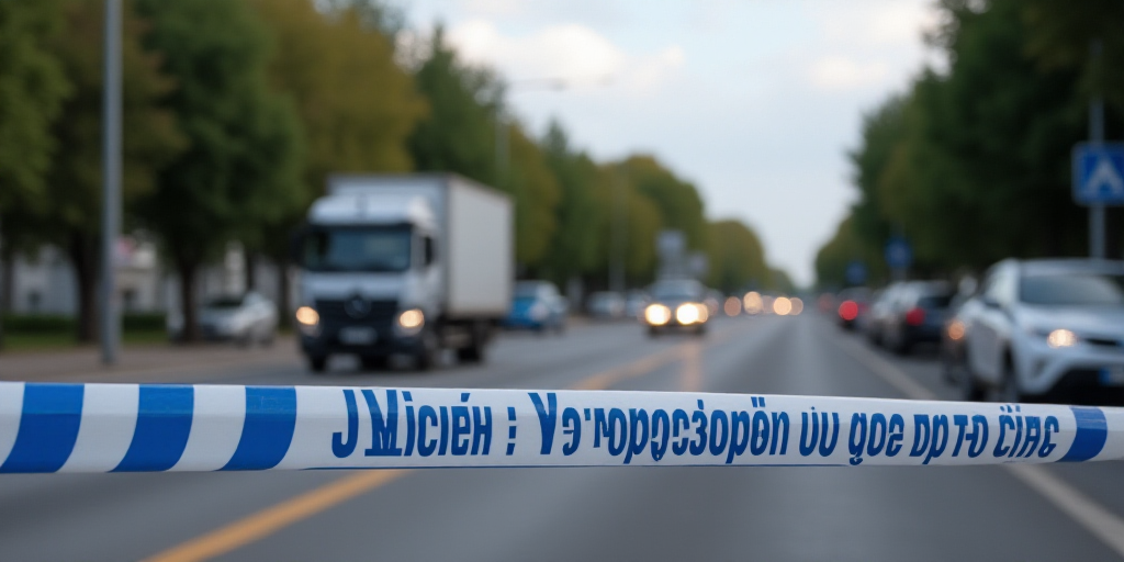 a police cord is blocking a street with a truck behind it and a police tape in front of it, Ceferí