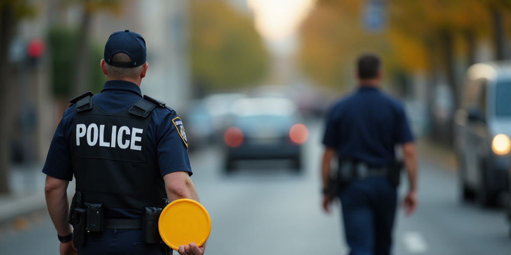 a police officer holding a yellow frisbee in his hand and a man in the background walking down a str