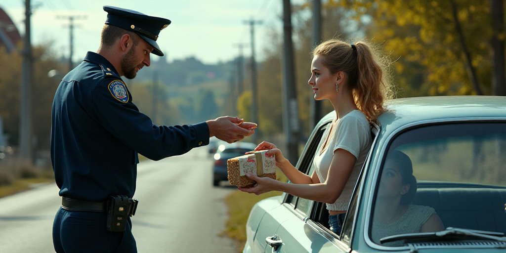 a police officer is handing something to a woman in a car while others look on from the side of the