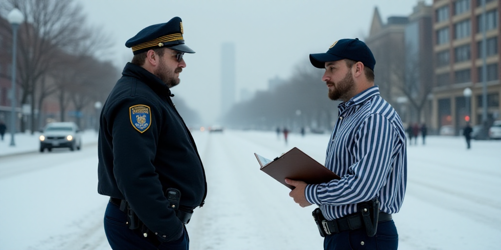 a police officer is talking to a man in a striped shirt and a police uniform and holding a clipboard