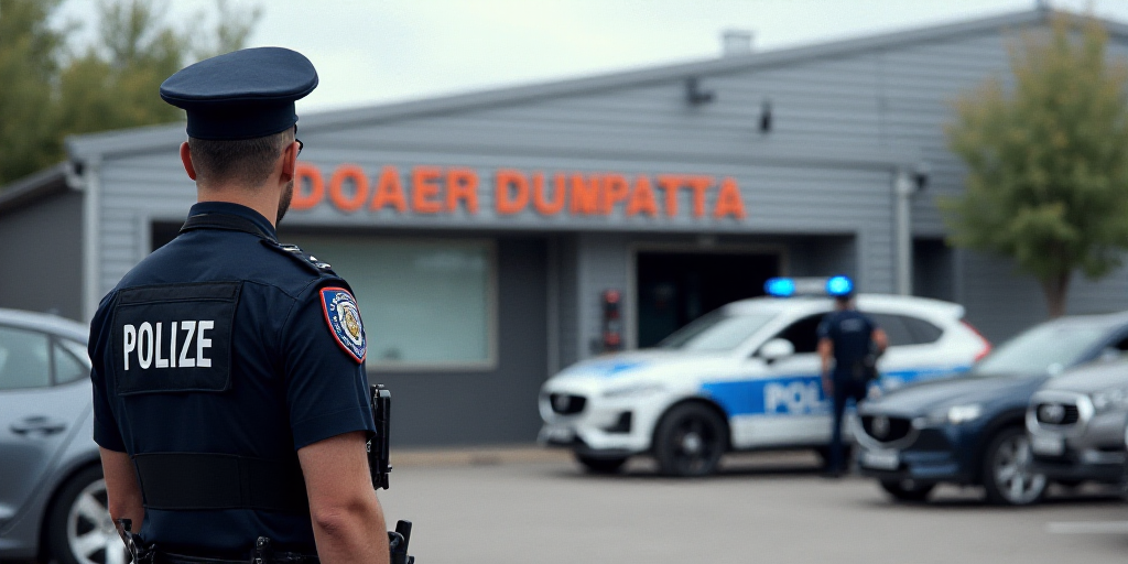 a police officer standing in front of a police station with cars parked in front of it and a police