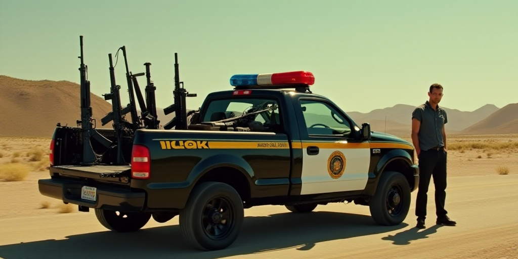 a police truck with a bunch of guns in the back of it's bed and a man standing next to it, Estuardo