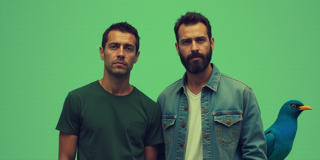 a poster with two men standing next to each other with a green background and a blue bird in the bac