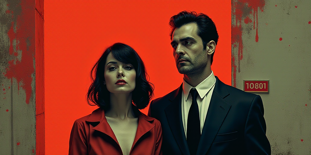 a poster with two people standing next to each other and a man in a suit and tie standing next to a