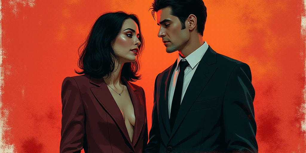 a poster with two people standing next to each other and a man in a suit and tie standing next to a