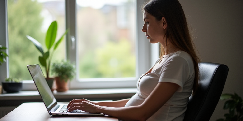 a pregnant woman using a laptop computer at a desk in front of a window with a window behind her, Cl