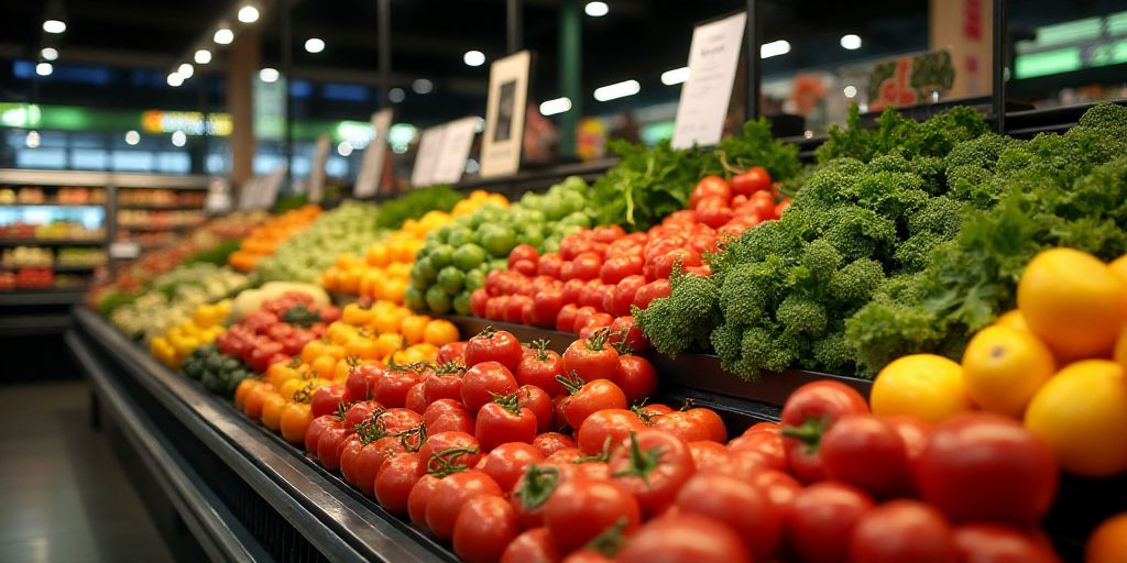 a produce section of a grocery store with a variety of fruits and vegetables on display for sale in