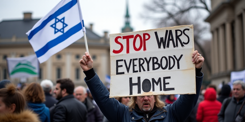 a protest with a sign that reads stop your wars everybody home and a jewish flag with a star of davi