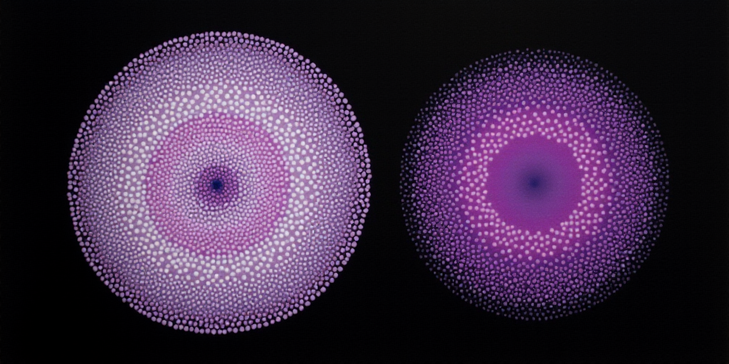 a purple and white circle with purple dots on it's surface and a black background with a white circl