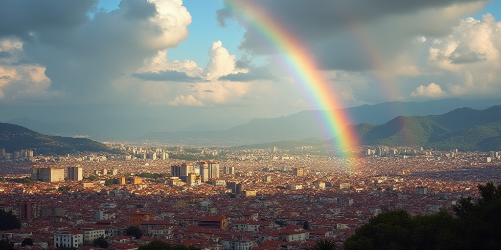 a rainbow is seen in the middle of a cityscape with a rainbow in the middle of the city, Florence En